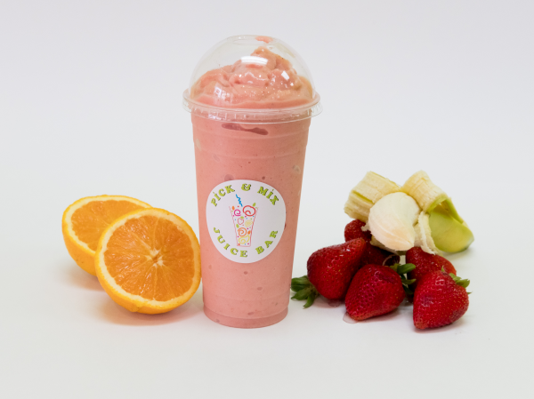 Order S2. Orange, Strawberry, Banana and Non Fat Yogurt Smoothie food online from Pick & Mix Juice Bar store, Burbank on bringmethat.com