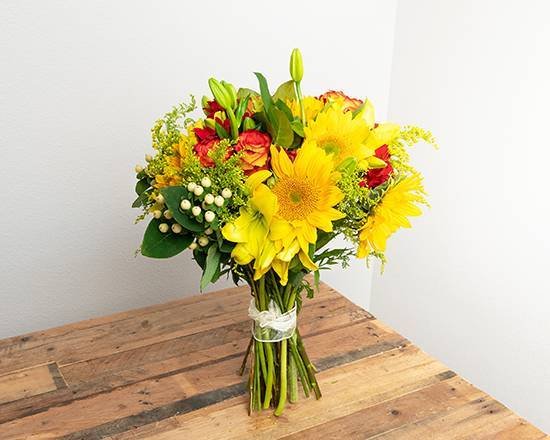 Order Yellow, Orange, Red Wrapped Bouquet food online from @Flowers Northeast El Paso store, El Paso on bringmethat.com