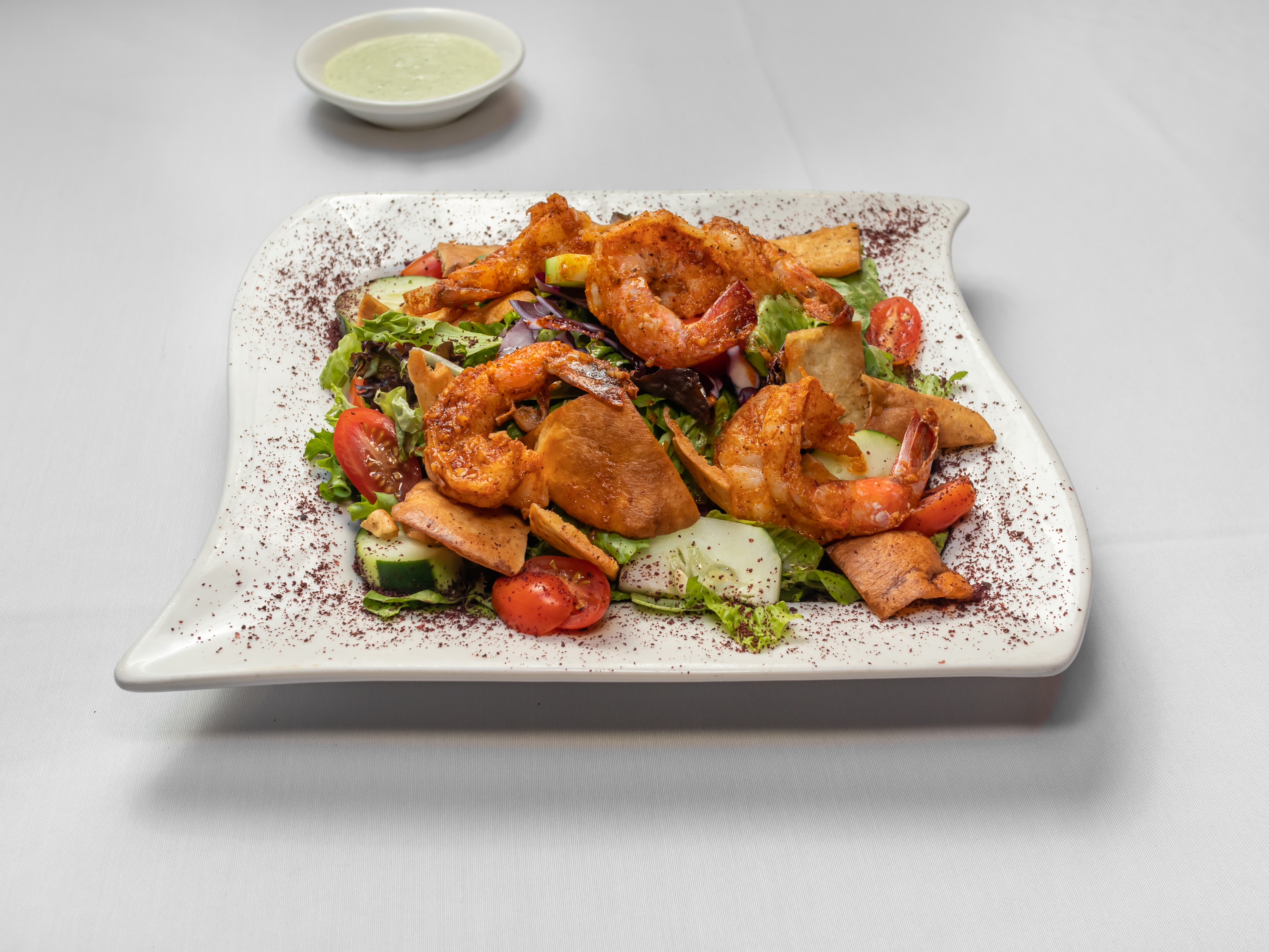 Order Grilled wild Shrimp over Fattoush Salad food online from Mazzat store, Brooklyn on bringmethat.com