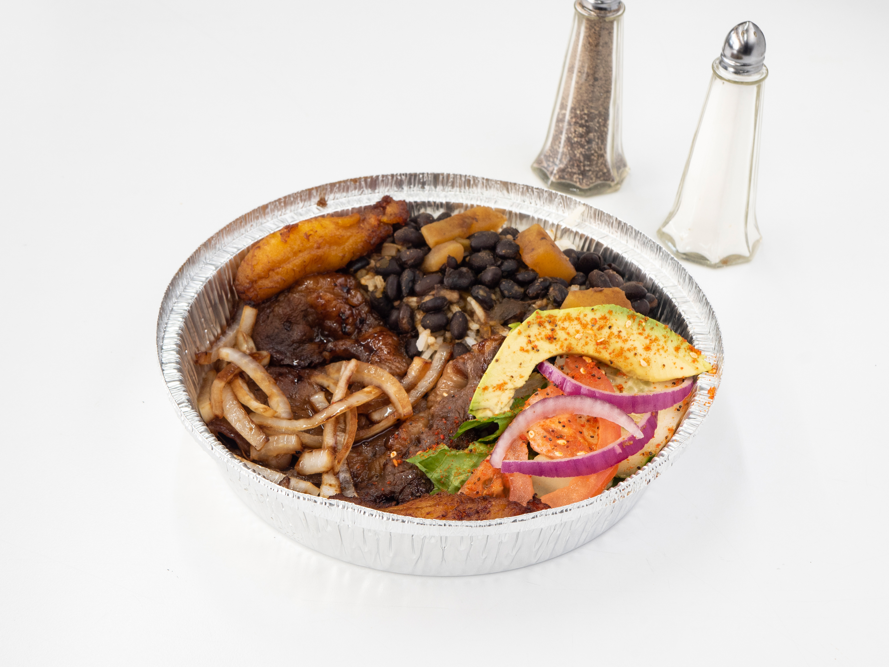 Order Rice and Beans with Steak Smothered in Onions food online from Papa Tapas store, Branchburg on bringmethat.com