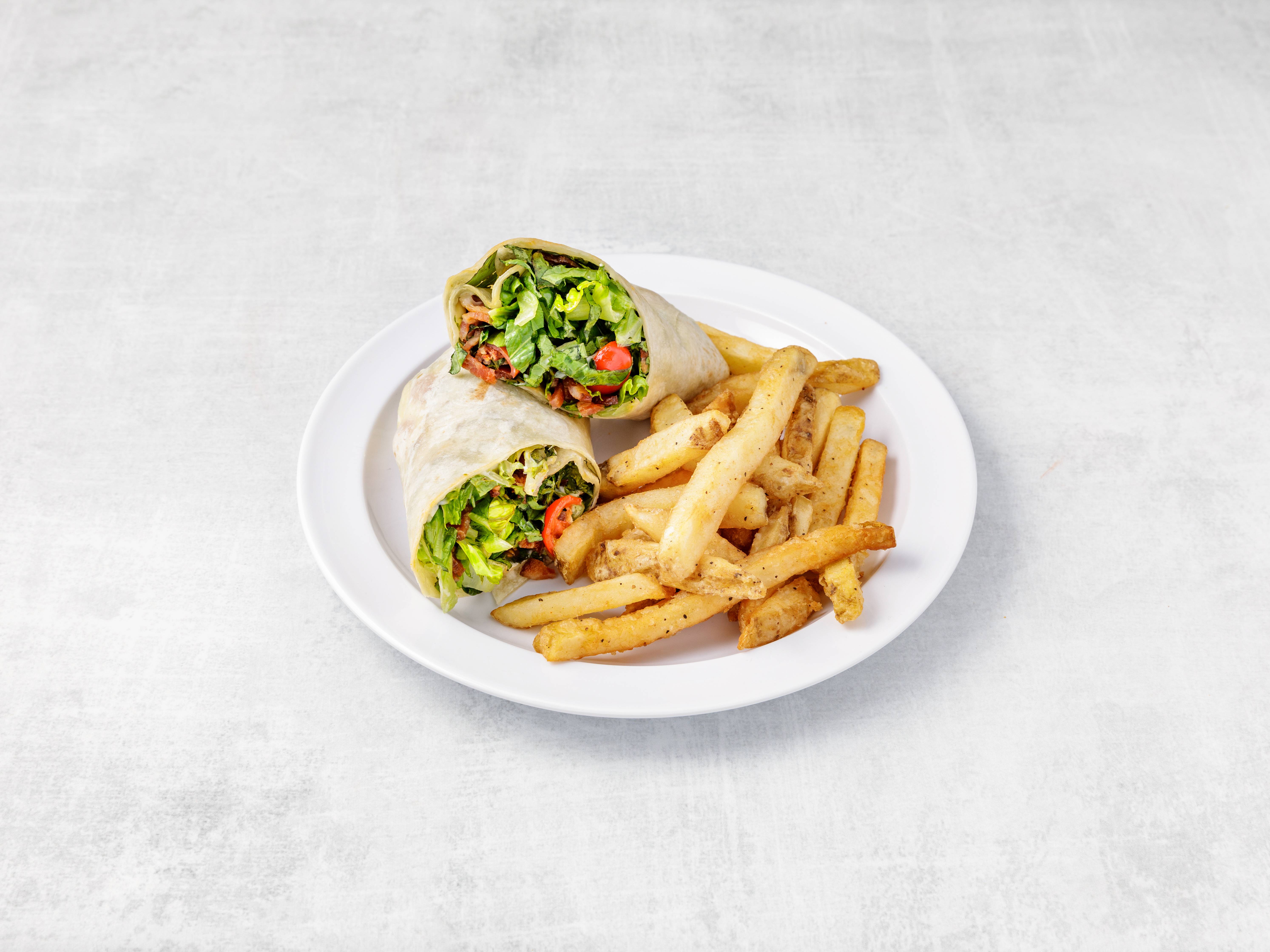Order 2. BLT Wrap with French Fries food online from Volares Restaurant store, Rutherford on bringmethat.com