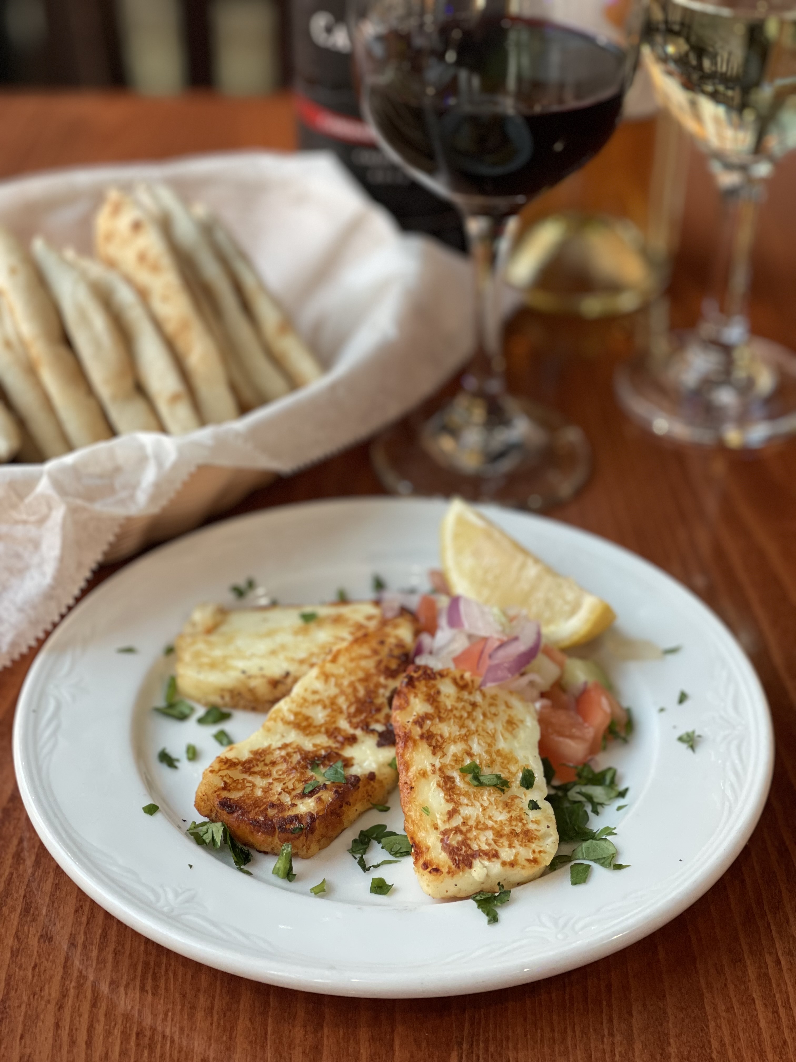 Order GRILLED HALLOUMI CHEESE  food online from Trapezaria Kuzina store, Rockville on bringmethat.com