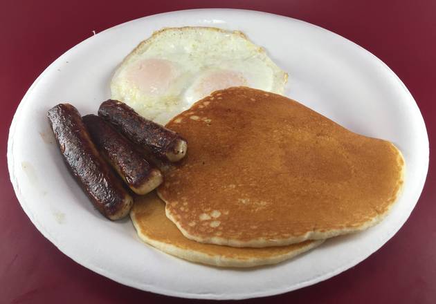 Order 2. 2 Pancakes, 2 Eggs and 3 Bacon or 3 Sausage  food online from Michael's Burgers store, Canoga Park on bringmethat.com