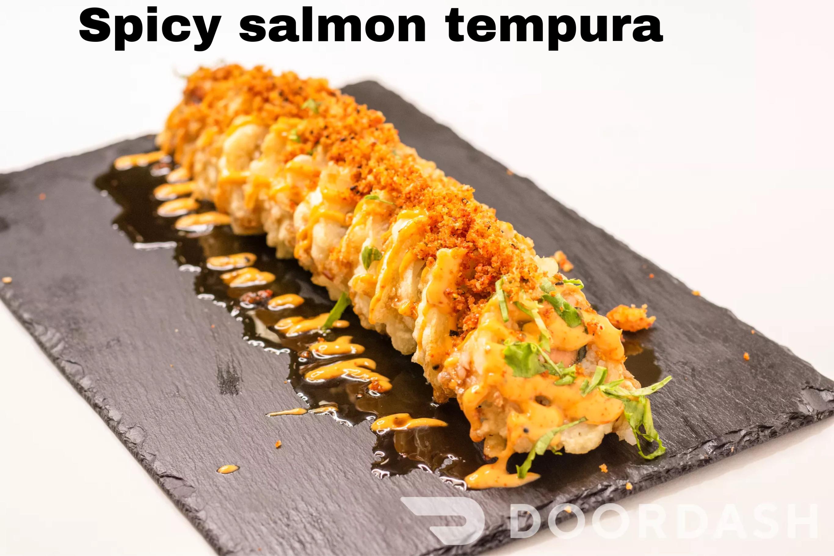 Order spicy salmon tempura roll food online from Fugu Sushi store, San Antonio on bringmethat.com