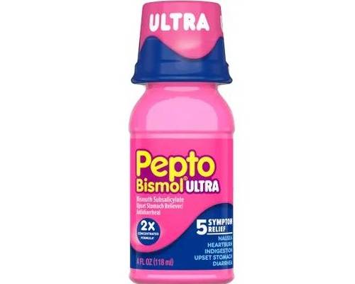 Order Pepto Bismol Ultra 5 Symptom Stomach Relief Liquid, Original, 4oz food online from Pit Stop Liquor Mart store, El Monte on bringmethat.com