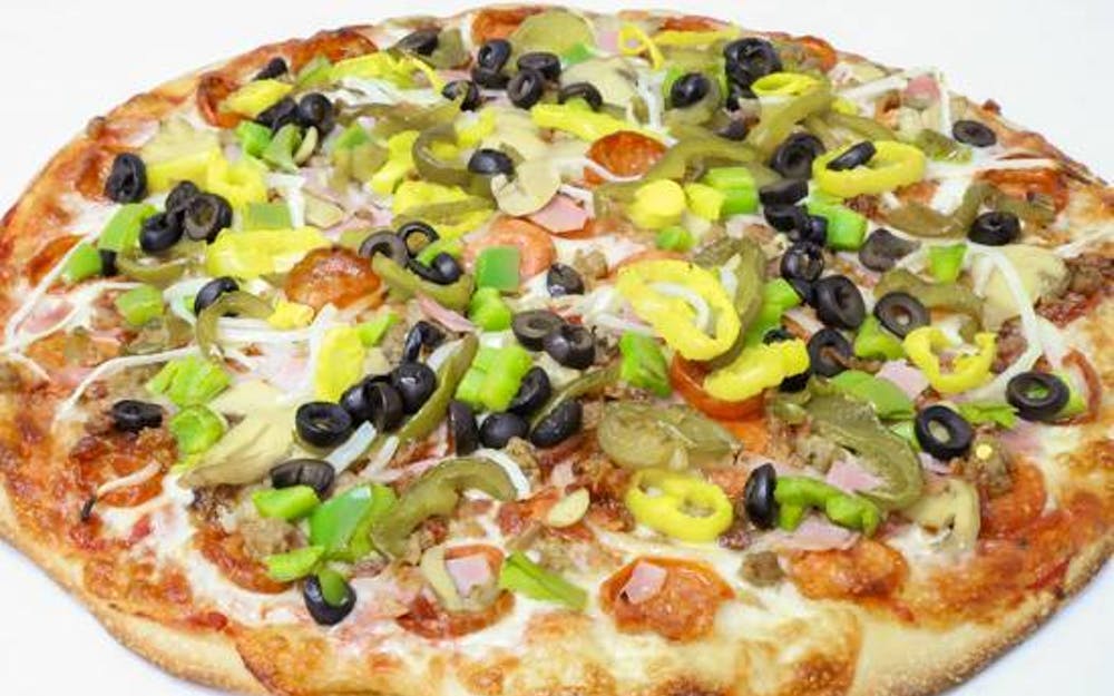 Order Everything But Anchovies Pizza - Small food online from Cal'z Pizza Subs and Chicken Wings store, Virginia Beach on bringmethat.com
