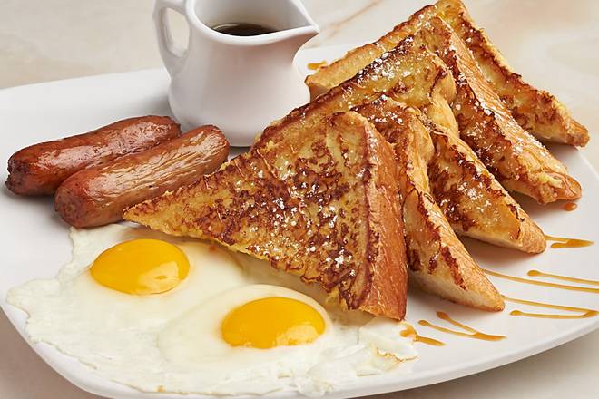 Order Caramel French Toast & Eggs food online from Silver Diner store, Rockville on bringmethat.com