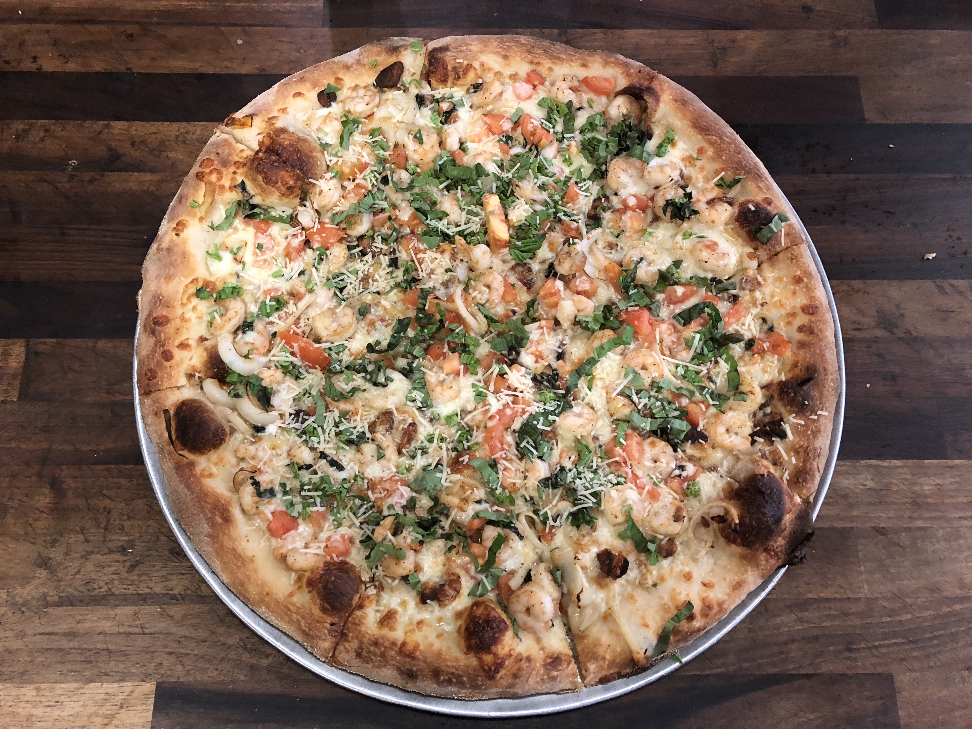 Order * Shrimp Scampi White Pizza (Spicy) food online from La Befana store, Allston on bringmethat.com