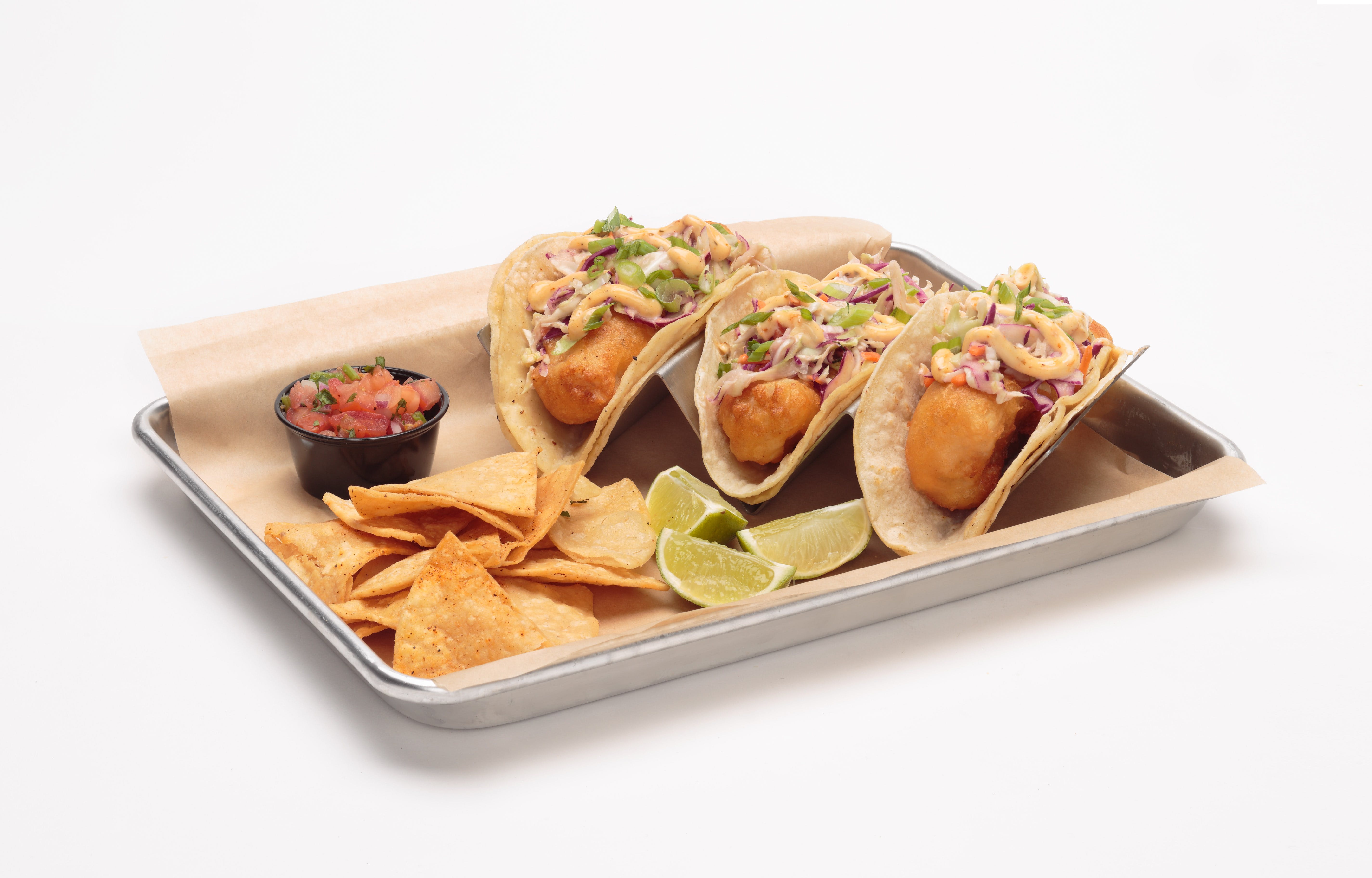 Order Fish Tacos - 2 Pieces food online from Oggi Sports | Brewhouse | Pizza store, Garden Grove on bringmethat.com