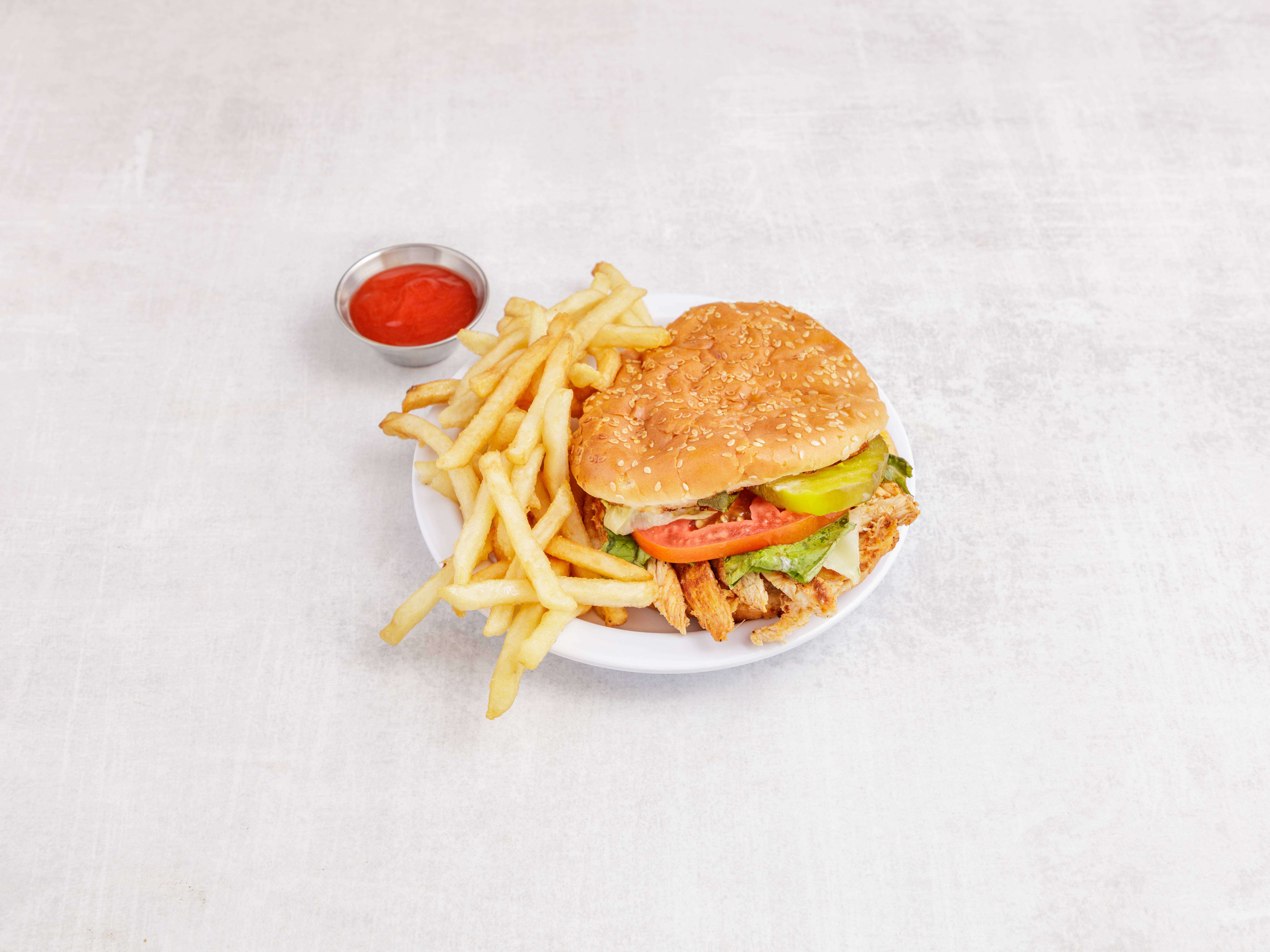 Order Grilled Chicken Burger with Fries and soda food online from Middletown Fried Chicken & Gyro store, Middletown on bringmethat.com