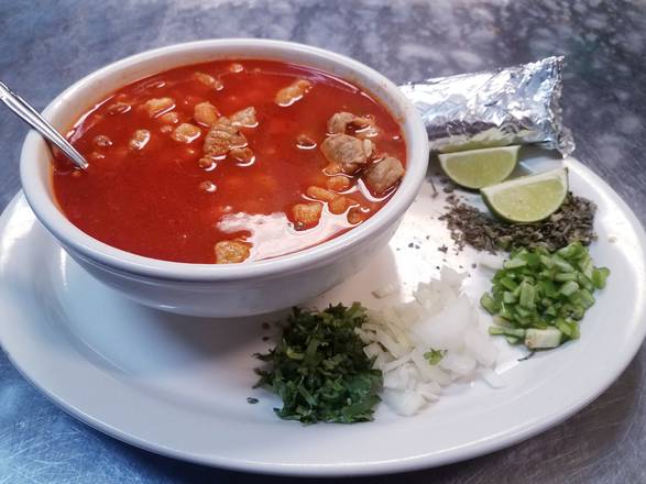 Order Pozole Soup with Pork and Hominy food online from Los Pinos store, Bee Cave on bringmethat.com