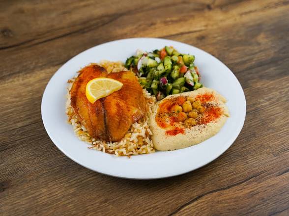 Order Baked Fish Plate food online from Dimassi's Mediterranean Restaurant store, The Woodlands on bringmethat.com