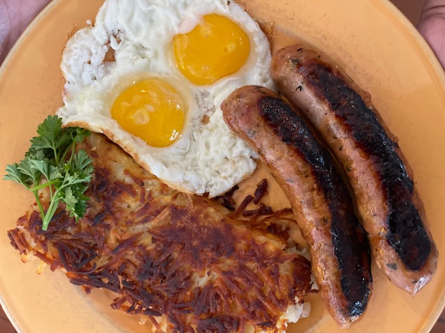 Order Apple Sausage and Eggs Breakfast  food online from Ricks Restaurant store, Palm Springs on bringmethat.com