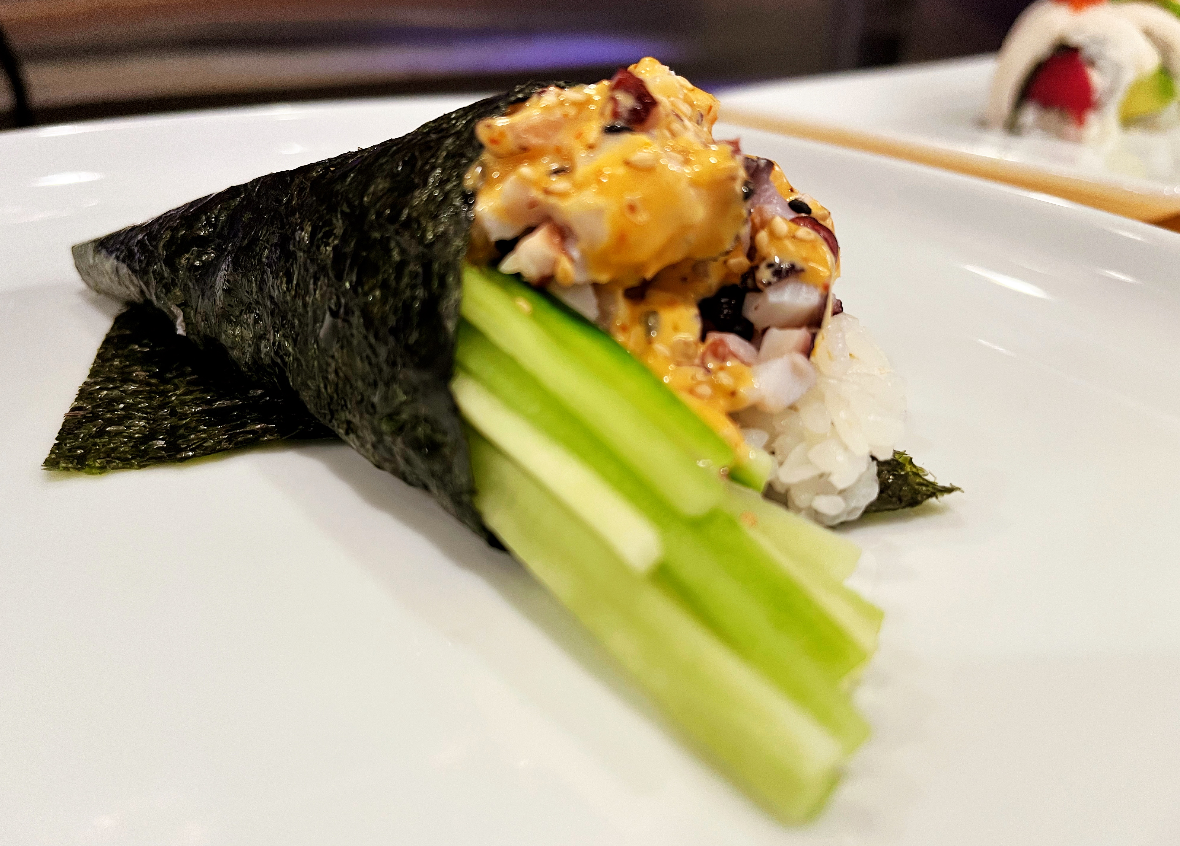 Order J404. Spicy Octopus Hand Roll  food online from Ings Palace store, Burbank on bringmethat.com