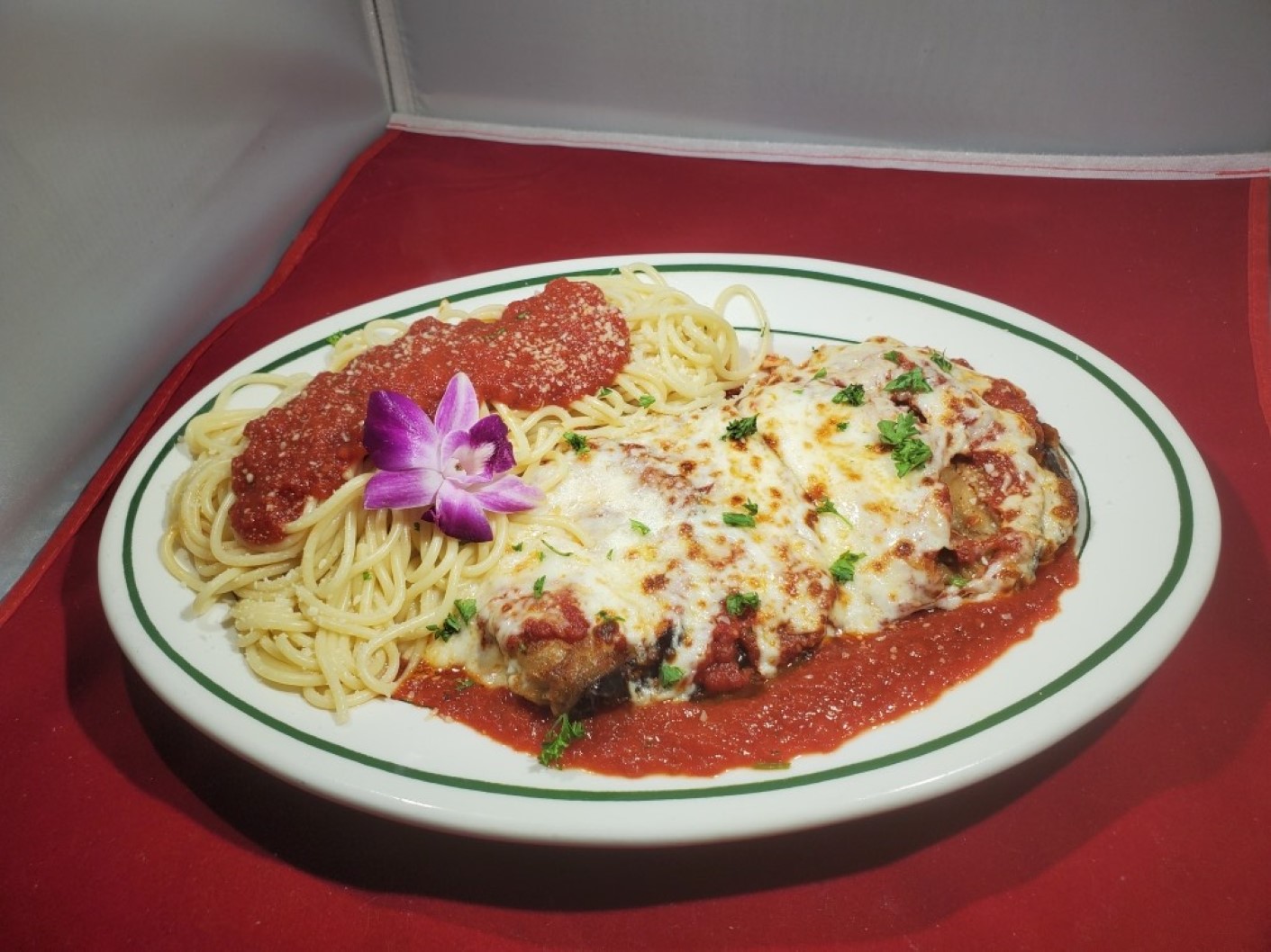 Order Veal Parmesan Patty with Spaghetti   food online from Good Jakes store, Coopersburg on bringmethat.com