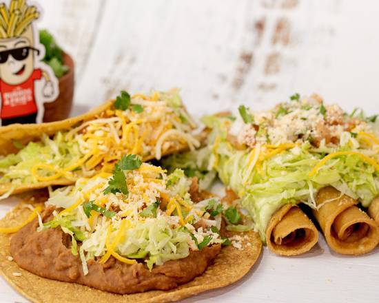 Order * 10 - Shredded Beef Taco, Bean Tostada + 3 Rolled Tacos food online from Burros & Fries store, San Diego on bringmethat.com