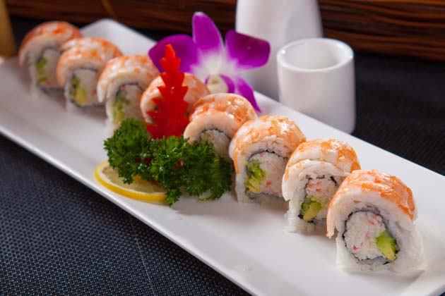 Order F-6. Tiger Tail Roll food online from Crazy Rock'n Sushi store, Irvine on bringmethat.com
