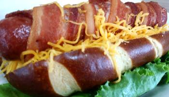 Order Bacon Wrapped Dog food online from Village Gourmet Hot Dogs store, Westland on bringmethat.com