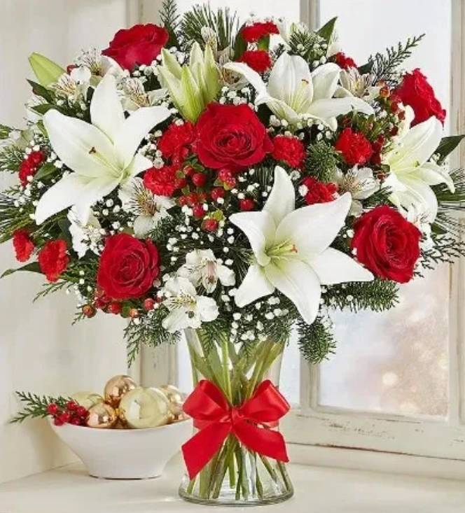 Order CHRISTMAST FLOWERS BOUQUET WITH A VASE(large size) food online from Eugenia Flowers store, Cicero on bringmethat.com