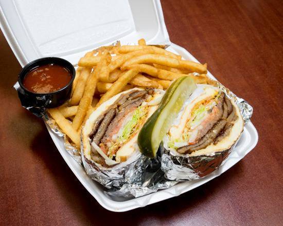 Order Gyro Cheeseburger with Fries food online from Baba's Halal Famous Steak & Lemonade store, Chicago on bringmethat.com