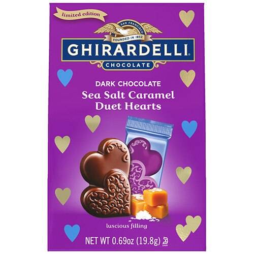Order Ghirardelli Valentine's Dark Chocolate Duet Hearts Dark & Sea Salt Caramel - 0.69 oz food online from Walgreens store, Walkertown on bringmethat.com