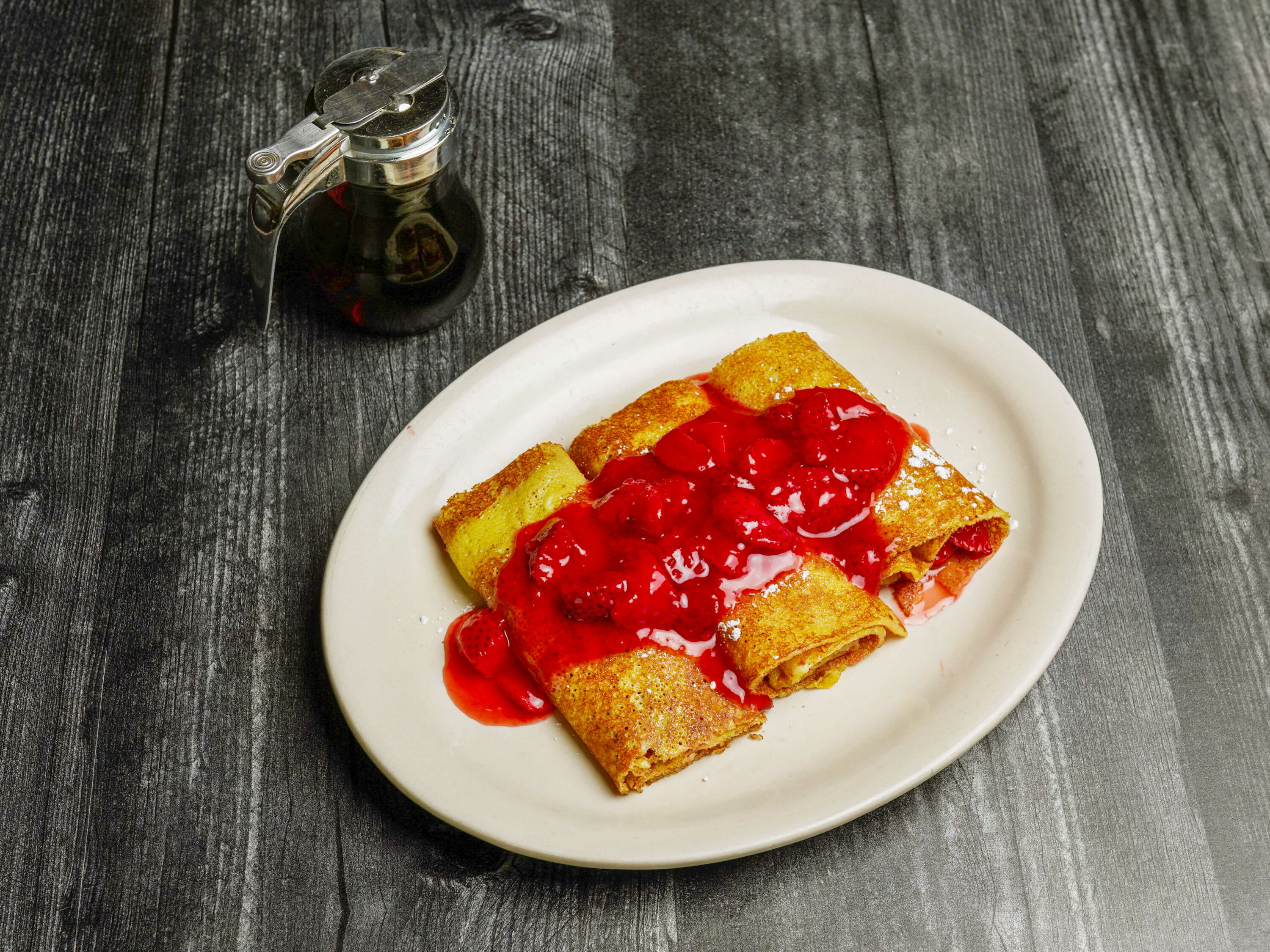 Order 2. Strawberry Crepe food online from El Chile Restaurant and Pancake House store, Chicago on bringmethat.com