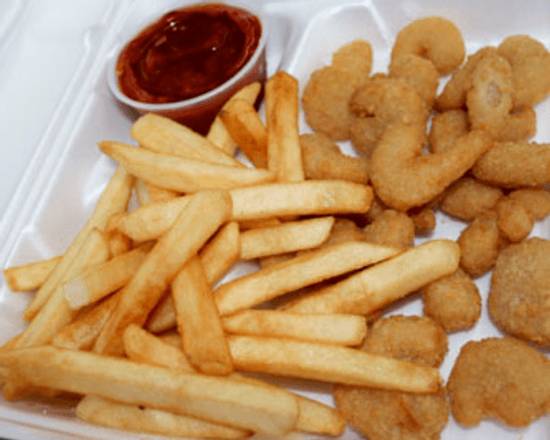 Order 21 small baby shrimp or shrimp in  basket with fries food online from Crown Fried Chicken & Halal Foods store, Wilkes-Barre on bringmethat.com
