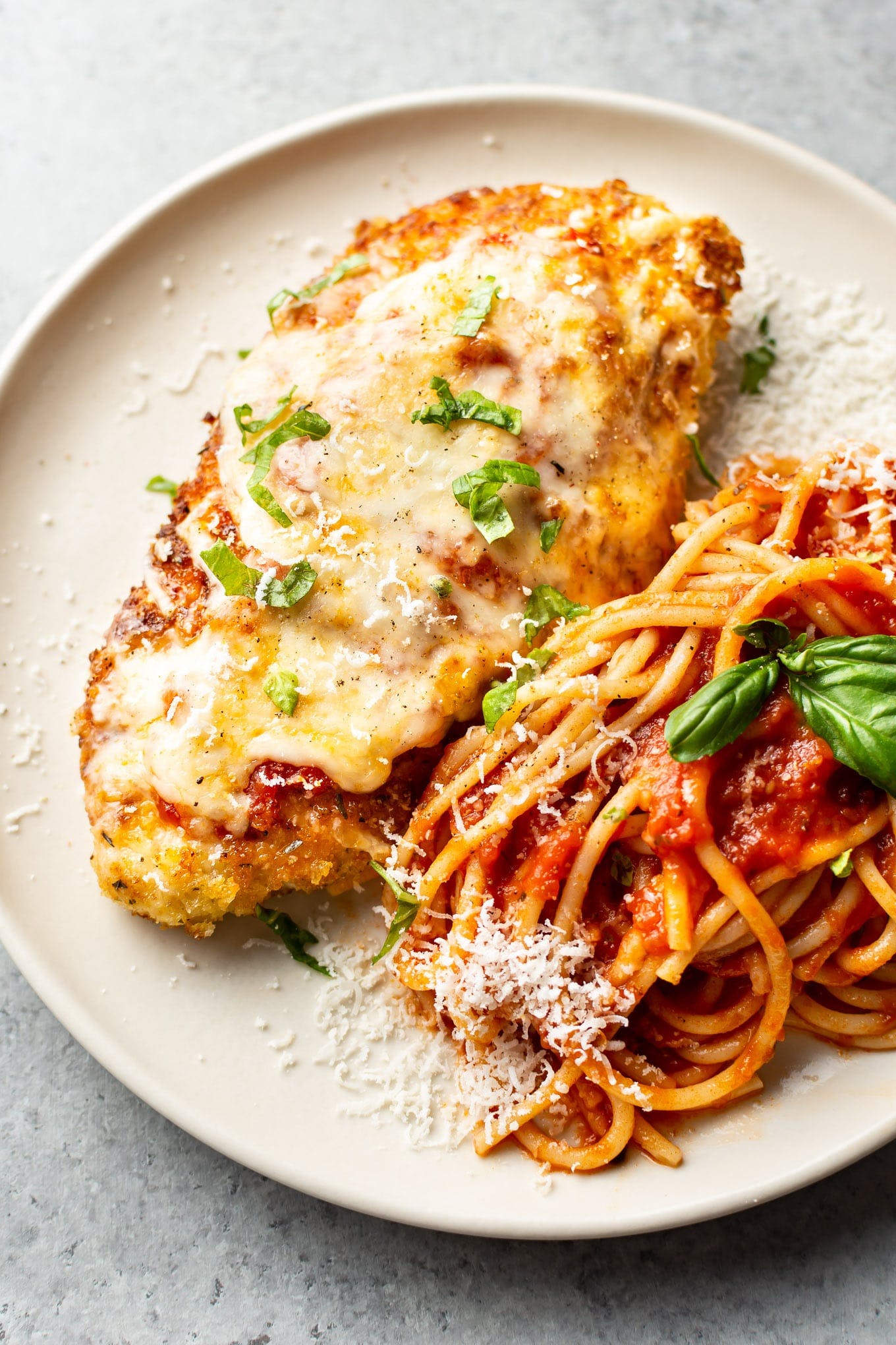 Order Baked Chicken Parmesan with Spaghetti - Pasta food online from Positanos store, Chicago on bringmethat.com