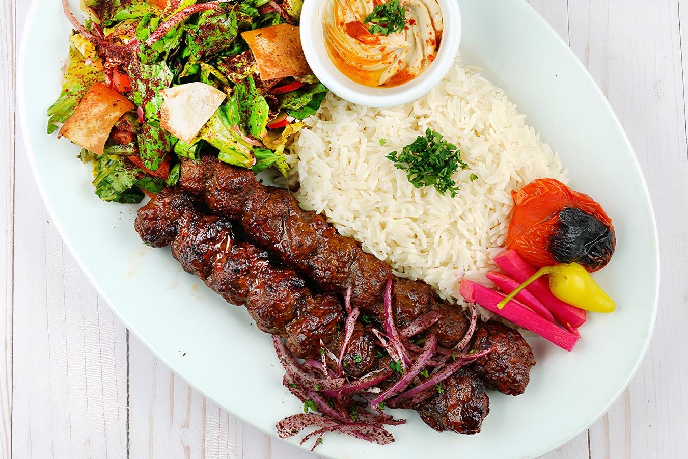 Order Luleh Kabob Plate food online from Tarme Mediterranean Grill store, Glendale on bringmethat.com