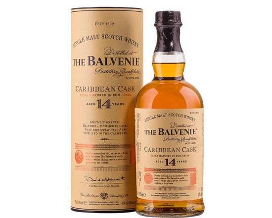 Order The Balvenie 14 Years Caribbean Cask, 750mL whiskey (43.0% ABV) food online from Happy Hill Country Liqour store, Liberty Hill on bringmethat.com