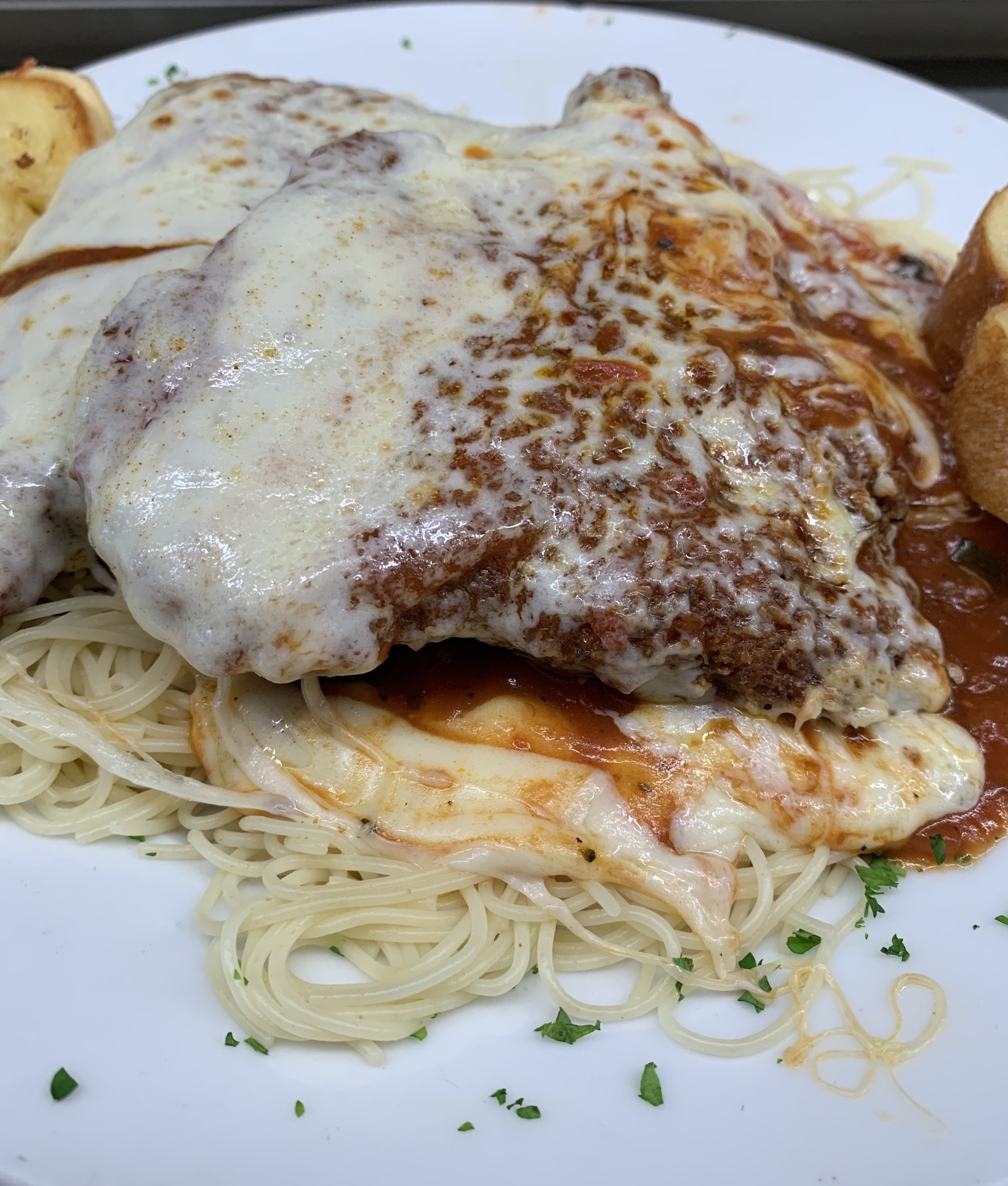 Order Breast of Chicken Parmesan food online from Mark Twain Diner Restaurant store, Union on bringmethat.com
