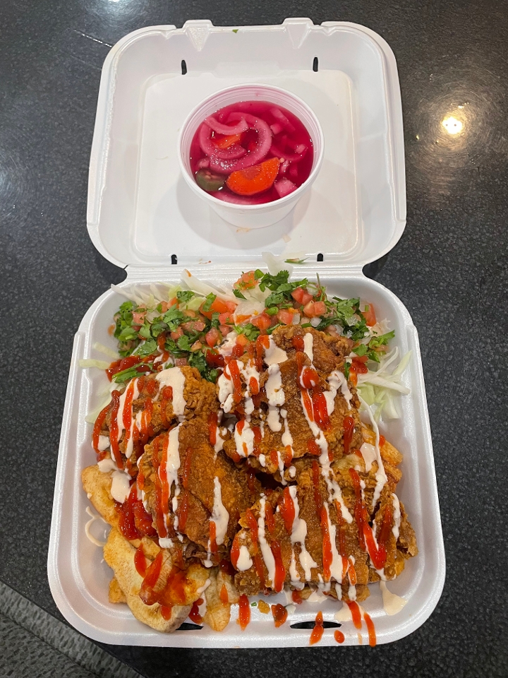 Order Pollo Catratcho - Hondurian Fried chicken and tajadas food online from Don Quijote Restaurant store, Manchester on bringmethat.com