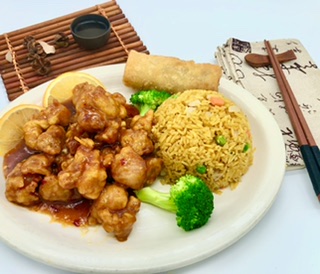 Order C4. Orange Chicken Dinner Combo Special food online from Red Bowl store, Grand Rapids on bringmethat.com