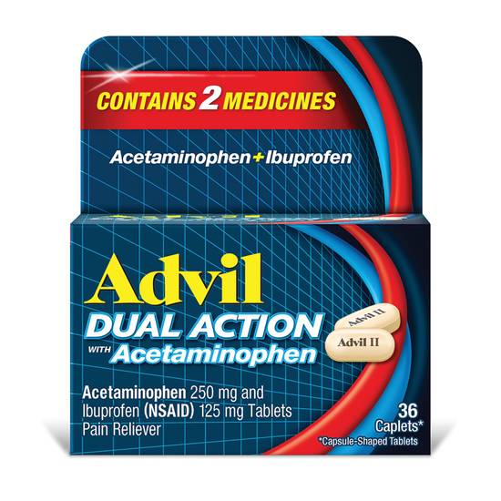 Order Advil Dual Action Coated Acetaminophen & Ibuprofen Caplets (36 ct) food online from Rite Aid store, BETHEL PARK on bringmethat.com