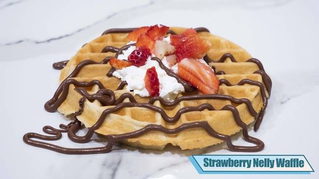 Order Strawberry Nelly Waffle food online from Penelope's Coffee and Tea store, Foster City on bringmethat.com