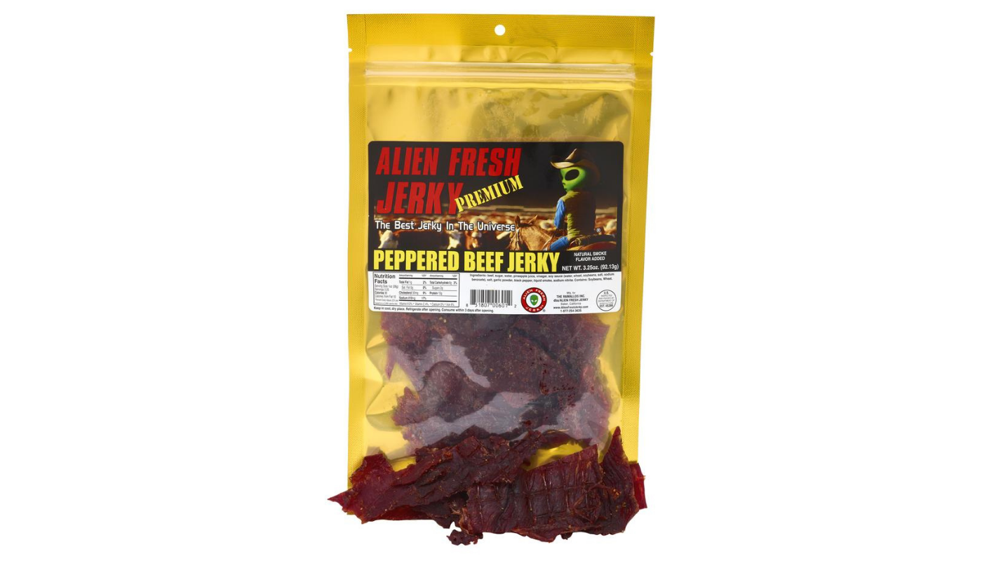 Order Alien Fresh Peppered Beef Jerky 3.25oz food online from JR Food Mart store, Camarillo on bringmethat.com