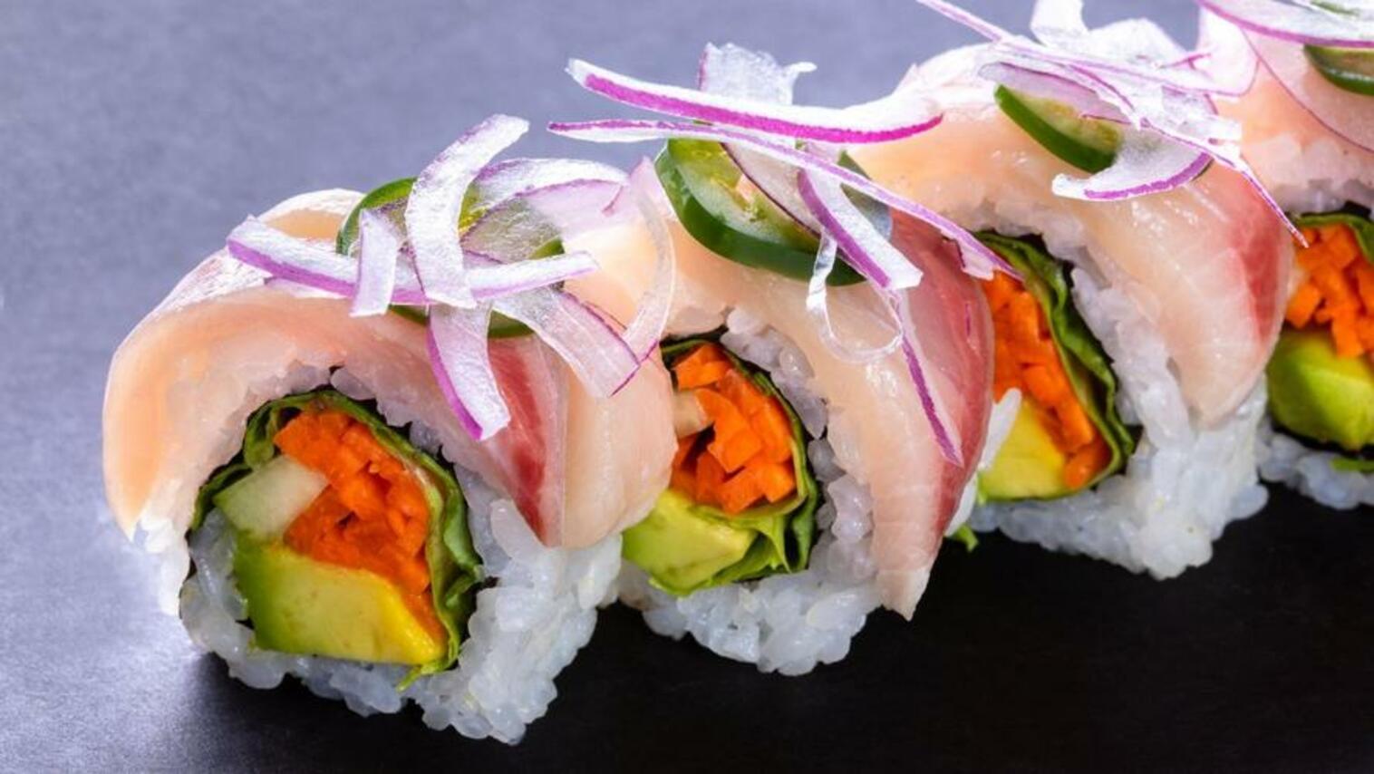 Order (a010) Veggie Yellowtail Roll food online from Sushi Stop store, Los Angeles on bringmethat.com