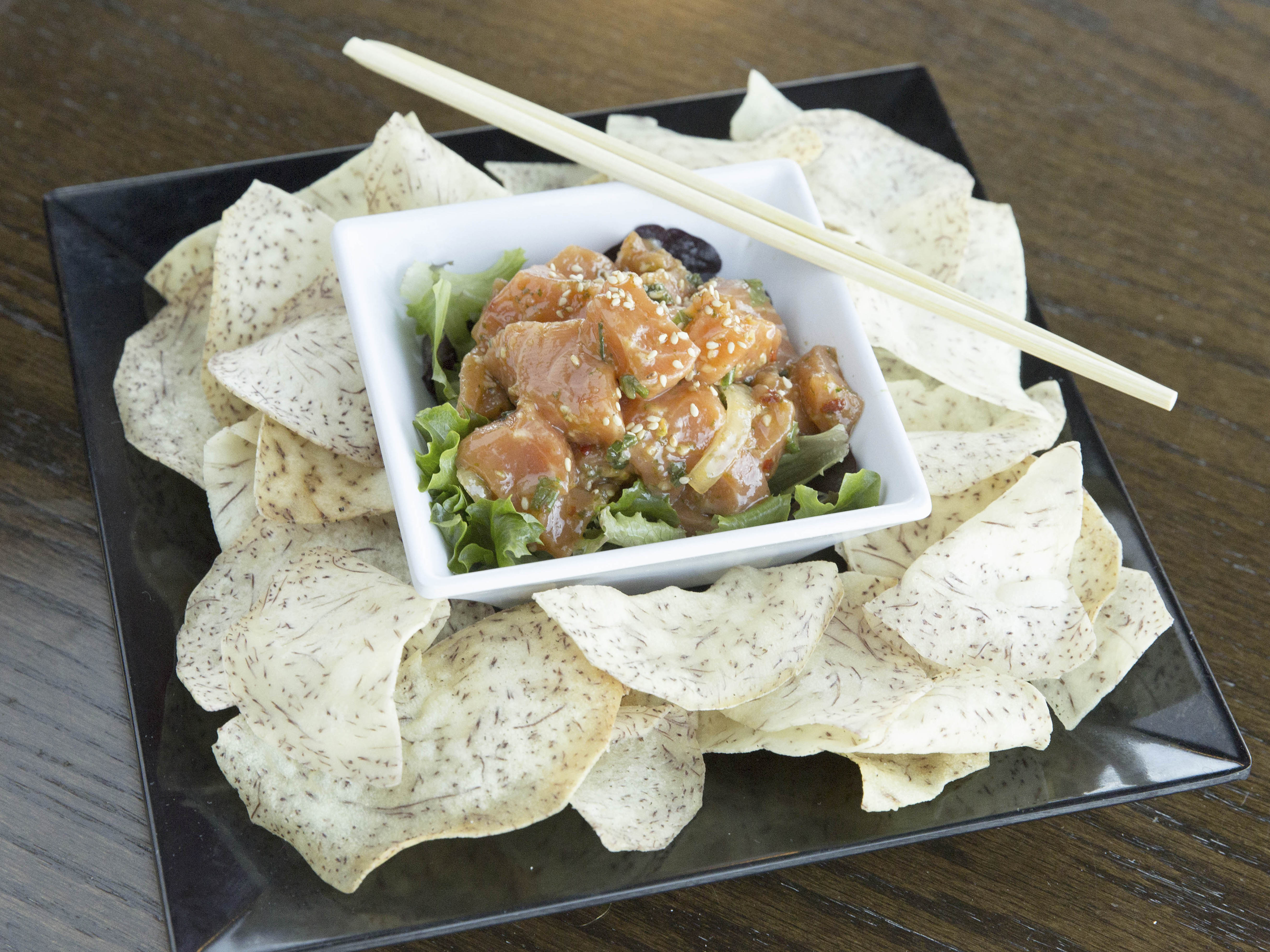 Order Salmon Poke + Taro Chips food online from Motomaki store, Boulder on bringmethat.com