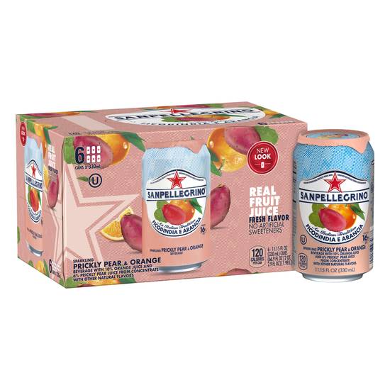 Order Sanpellegrino Sparkling Fruit Beverage Prickly Pear and Orange 11.15 oz Cans (11.15 oz x 6 ct) food online from Bartell Drugs store, LYNNWOOD on bringmethat.com