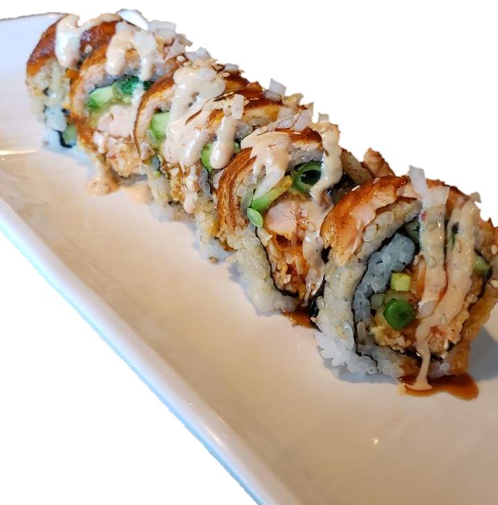 Order Spicy Yaki Salmon Roll food online from Crazy Tokyo Sushi store, Woodland Hills on bringmethat.com