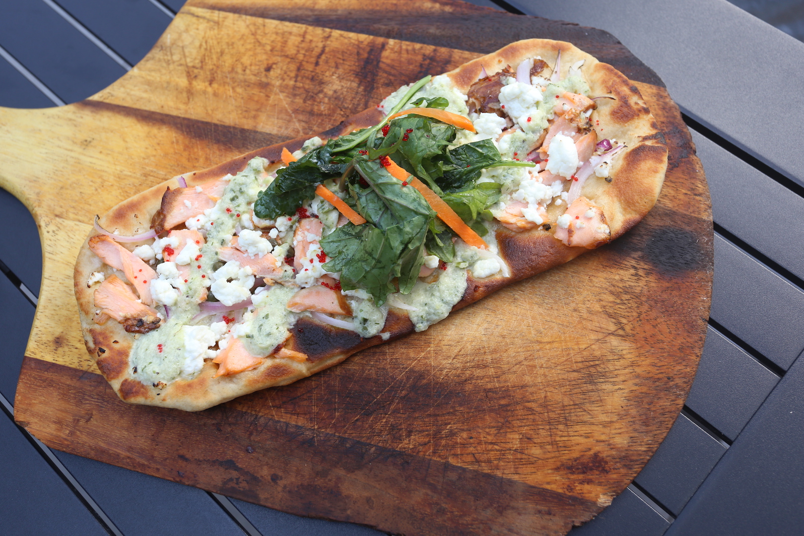 Order Smoked Salmon Flatbread food online from Rex's Fresh Seafood store, Dallas on bringmethat.com