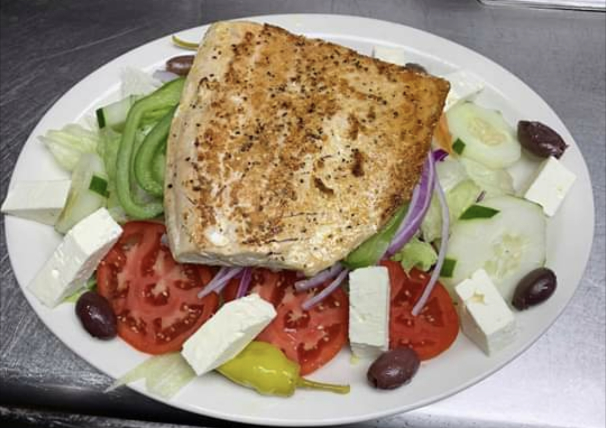 Order Grilled Salmon Greek Salad food online from Fernando's store, Chattanooga on bringmethat.com