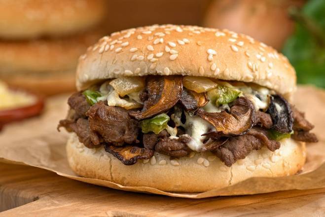 Order BBQ Steak & Mushrooms Sandwich food online from The Gyro Brothers store, Frederick on bringmethat.com