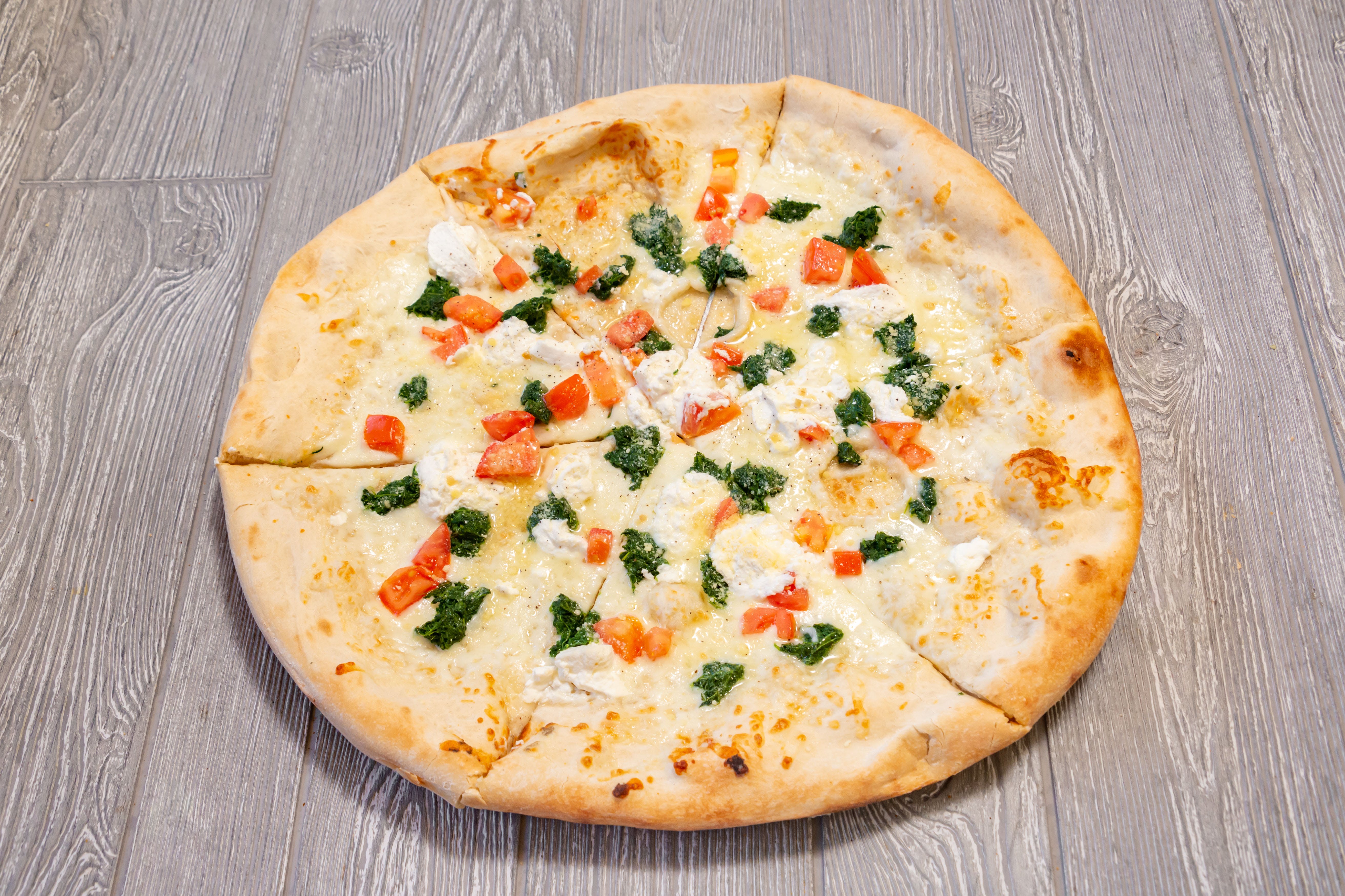 Order White Pizza, Spinach, Tomatoes & Ricotta - Medium 14" food online from Gianni Pizza store, Wilmington on bringmethat.com