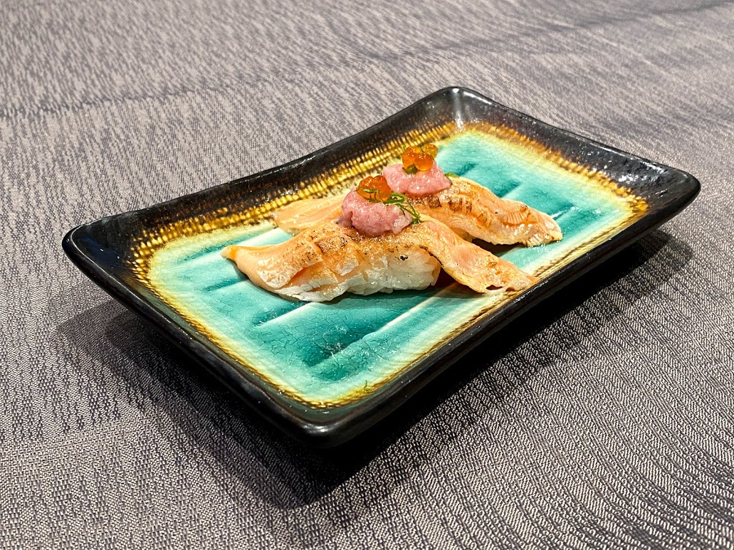 Order Salmon Belly with Toro TarTar Nigiri food online from Shinjuku store, San Francisco on bringmethat.com