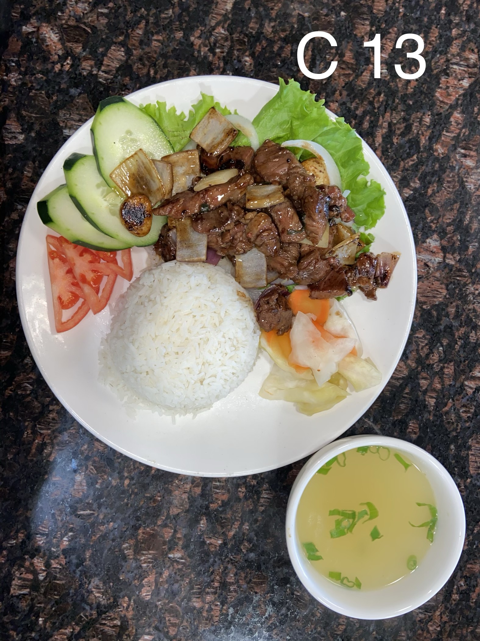 Order C13. Vietnamese Shaking Beef Rice Plate food online from Pho One Restaurant store, Hurst on bringmethat.com