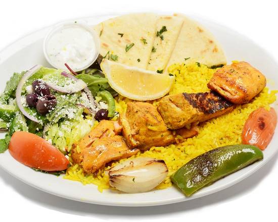 Order Fresh Atlantic Salmon Kabob food online from George's Greek Grill-Fig at 7th store, Los Angeles on bringmethat.com