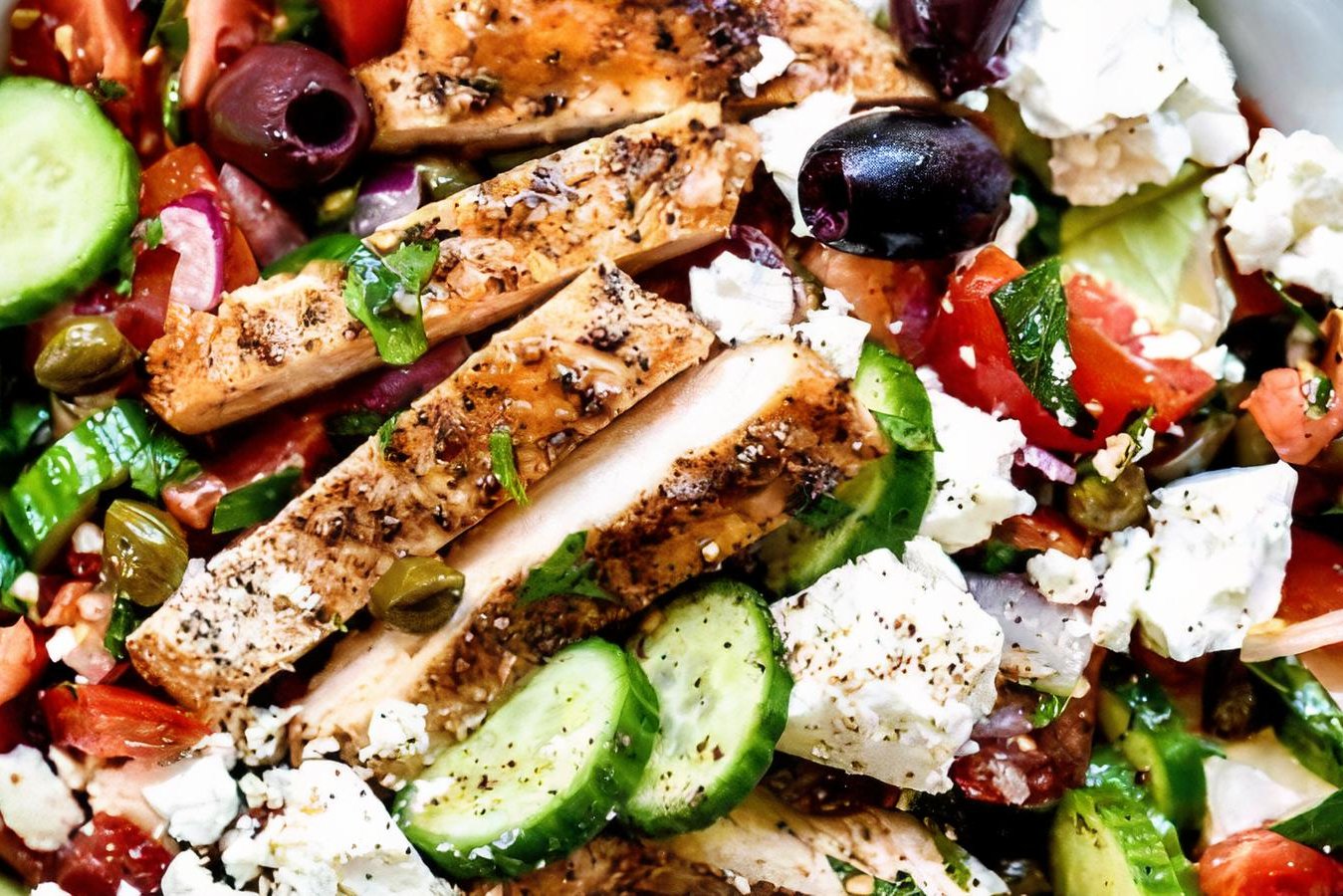 Order Greek Salad with Grilled Chicken food online from Charlies Pizza Cafe store, Allston on bringmethat.com