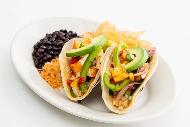 Order Organic Non-GMO Tofu & Veggie Taco Plate food online from Sharkys Woodfired Grill Mexican store, Newbury Park on bringmethat.com