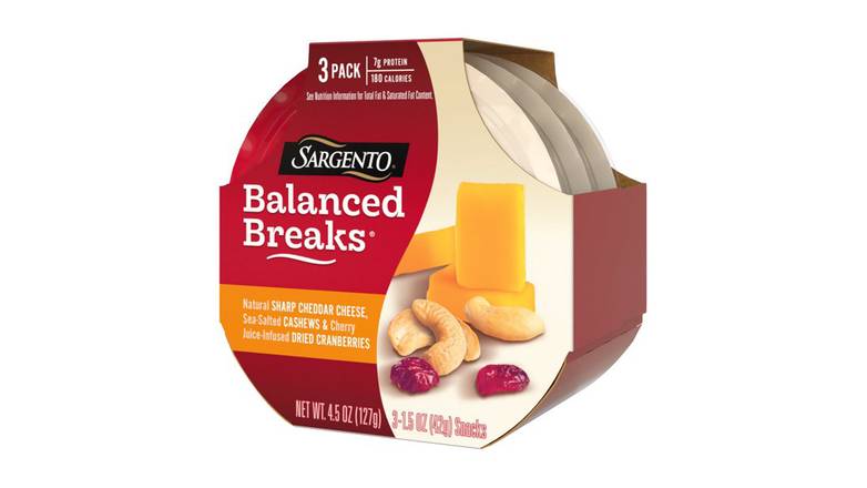 Order Sargento Balanced Breaks Sharp Cheddar Cheese Sea-Salted Cashews Dried Cranberries Snacks - Pack of 3 food online from Route 7 Food Mart store, Norwalk on bringmethat.com